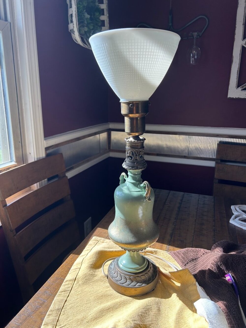 Vintage Stiffel torchier table lamp features pale green celadon ceramic body wit
